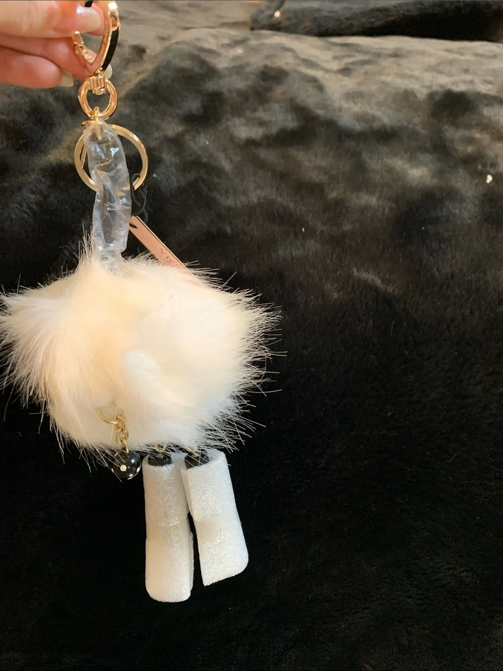 Victoria's Secret White Faux Fur Pom Pom Keychain with Red Sequin Lip Accent